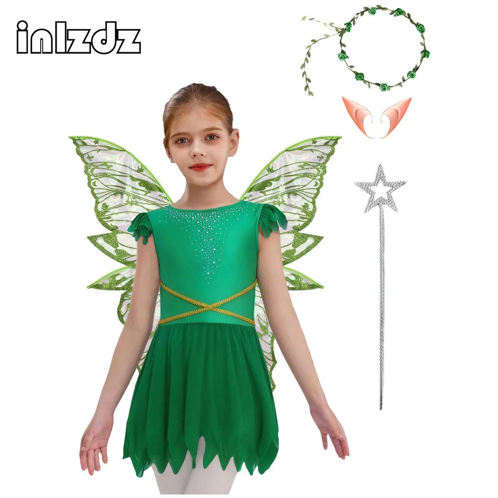 

5Pcs Girls Halloween Fairy Cosplay Costume Rhinestone Adorn Sleeveless Jagged Hem Built-In Briefs Dress And Accessories New Suit