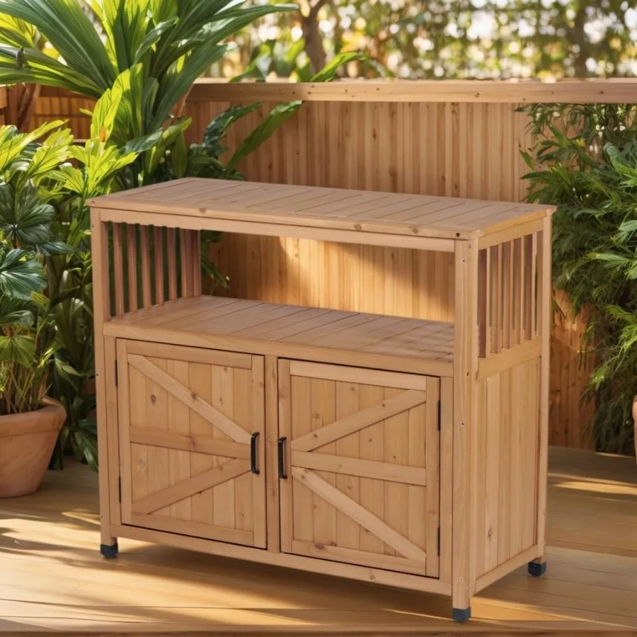 Outdoor and indoor wooden buffet cabinet sideboard in natural wood tone with spacious shelves and drawers for patio bar table s
