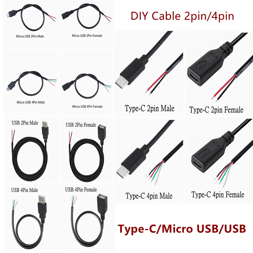 2Pin 4Pin Micro USB / Type C Charger Connector USB 2.0 Type A Male Female Power Plug Supply Extension Cable Wire DIY Data Line