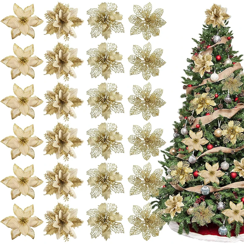 8/16Pcs Glitter Christmas Decorations Artifical Flowers Christmas Tree for Home Decor Fake Flower Xmas New Year Gifts Ornaments