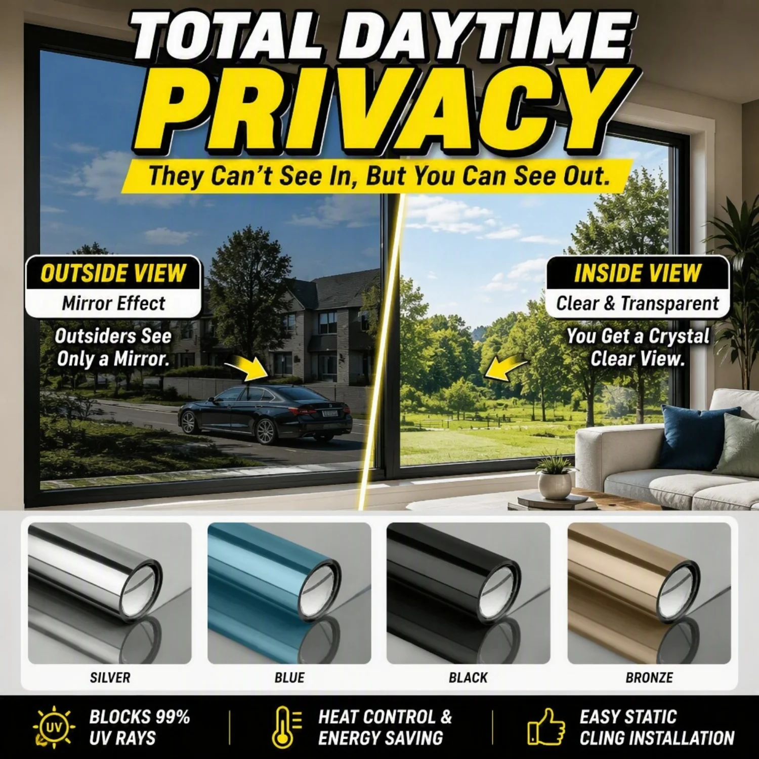 Window Tint One Way Privacy Film Black Silver Reflective Self Adhesive Heat Control UV Blocking See Out Not In for Home Door