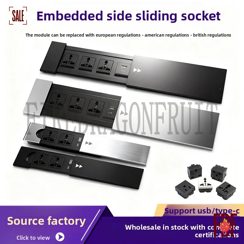 Multi Function Embedded Table Socket Aluminum Sliding Cover Hidden Multimedia Island Counter Desk Socket Factory Direct Sale