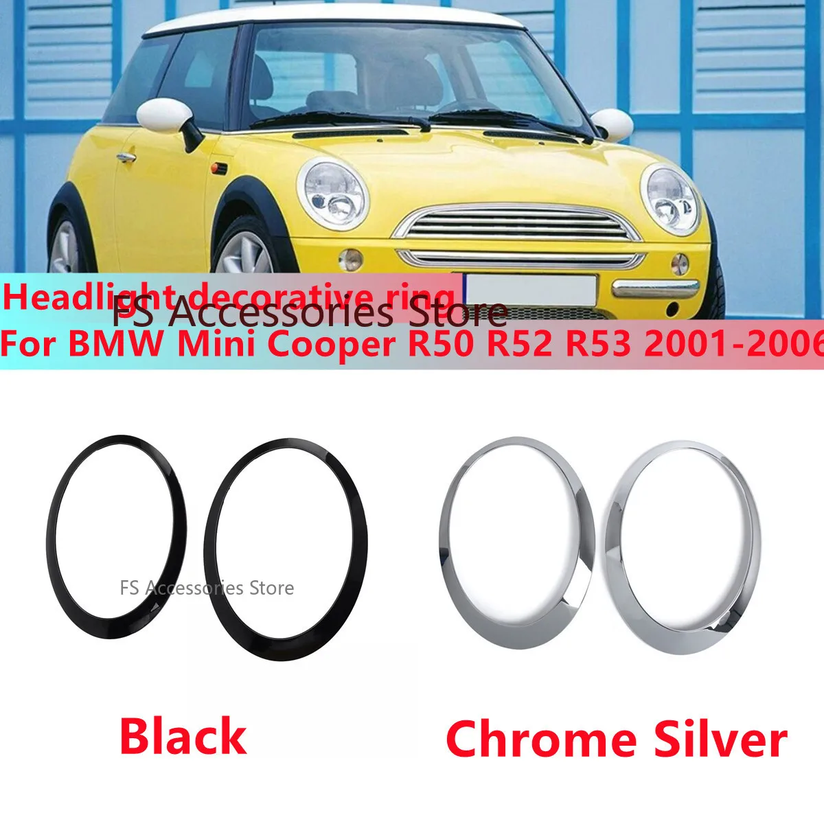 Chrome/Black Pair Headlight Trim Ring Replacement For BMW Mini Cooper One R50 R52 R53 2001-2006 63126917835 Headlight Trim Ring