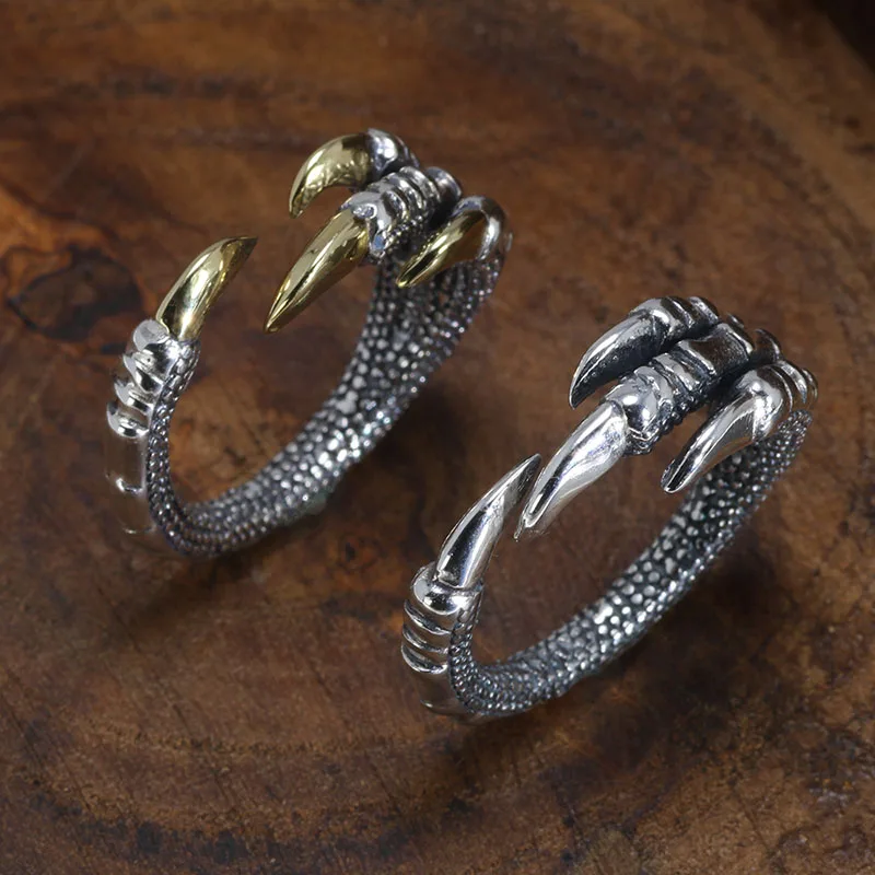 Genuine Solid 925 Silver Rings Vintage Dragon Claw Rings for Men Adjustable Sterling Silver Rings Anello Uomo Jewelry