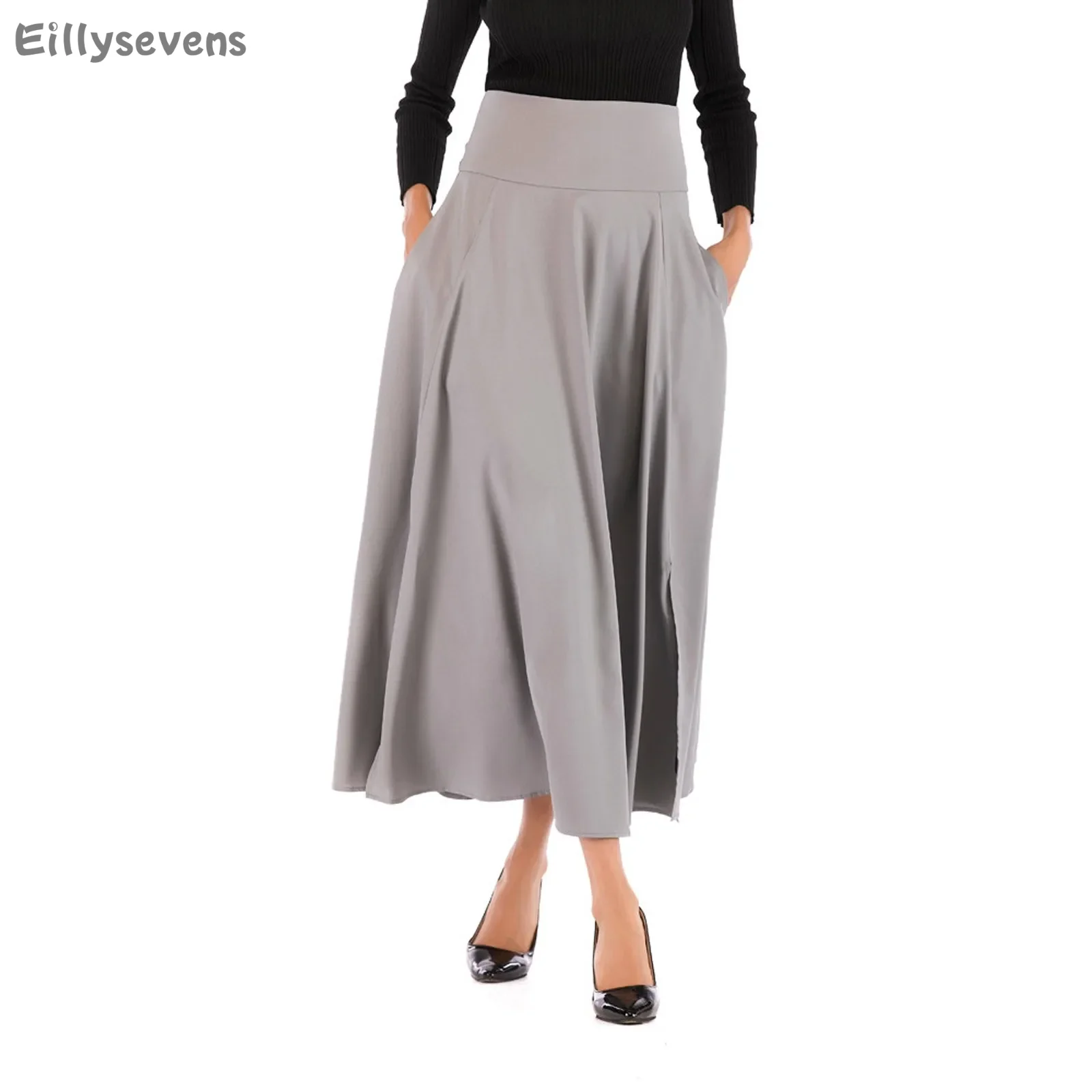 Women's Elegant large skirt daily commute Casual  skirts Solid Color Side Split With Belt Pocket Zipper Half high waist faldas