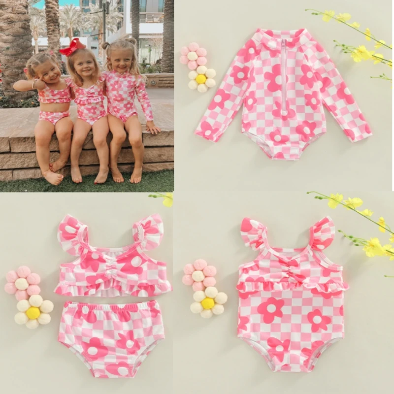 

Baby Girls Swimsuit Bodysuits Infant Floral Print Plaid Long Sleeve Rush Guard Bikini Zipper Front Swimwear Bathing Suit