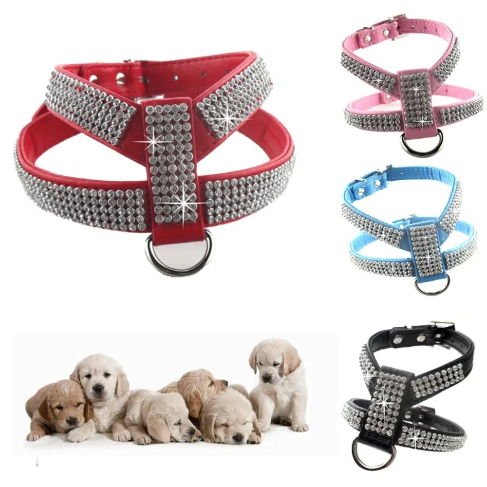 4 Sizes PU Leather Rhinestones Dog Harness Safety Comfortable Dress Up Pet Harness Collar for Small Medium Large Dog Supplies