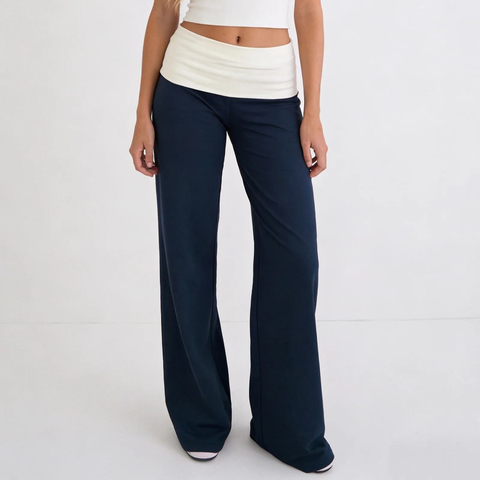 Women's Patchwork Fold over Casual Pants Loose Fit Straight Leg Elastic Waist Fashionable Comfortable Trousers