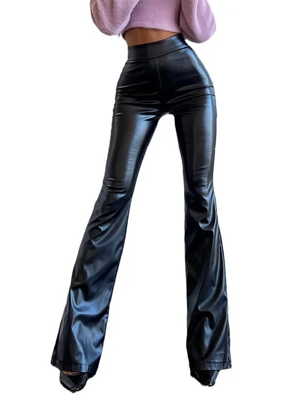 

Женские брюки из блестящей искусственной кожи с высокой талией, новинка зимнего сезона, глянцевые черные брюки с эффектом сияния