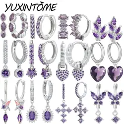 925 Sterling Silver Ear Needle Beautiful Purple Zircon Earrings Hoop Earrings Crystal Pendant Earring Fashion Wedding Jewelry