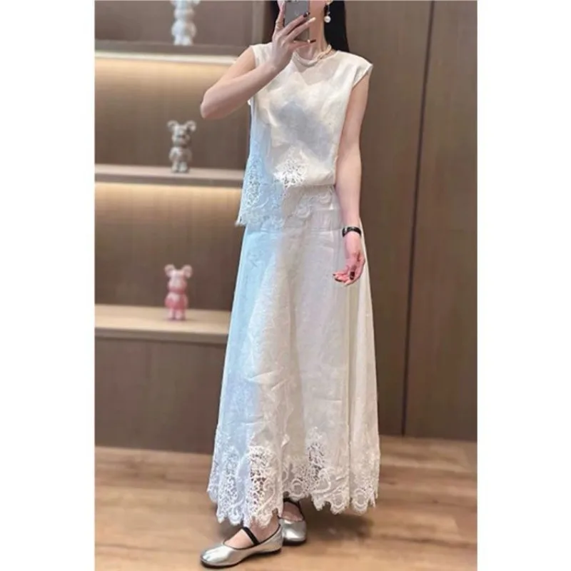 

Новый корейский модный повседневный летний комплект из двух предметов, женский элегантный ажурный кружевной жилет без рукавов + костюм с юбкой с высокой талией