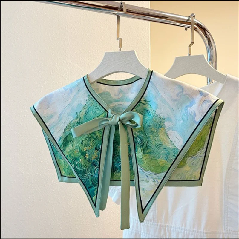 Shoulder Fake Collar Shawl for Women Detachable Collar Blouse Tops Double Layered Oil Painting Lace Bow Scarf