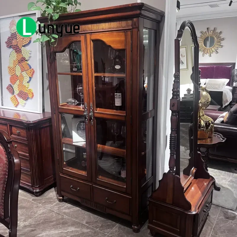 American Vintage Style Wooden Antique Cabinet with 2 Drawers and Glass Shelves Luxury Home Bar Wine Storage Furniture