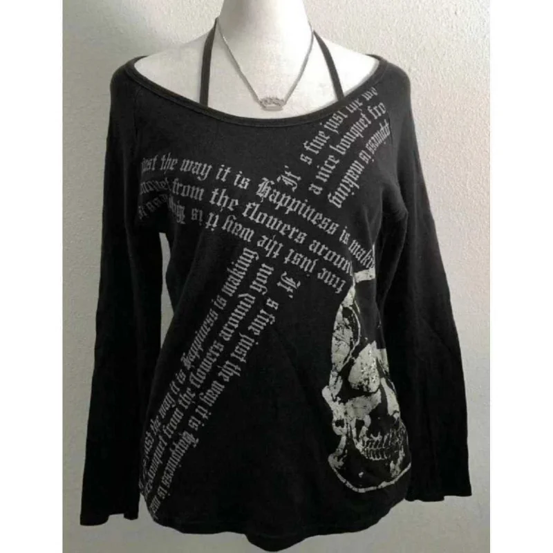 

Рок-панк Y2K Millennial Hot Girl футболка с принтом черепа женский свободный топ с длинными рукавами