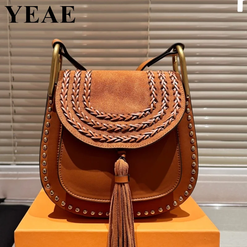 Genuine Leather Saddle Metal Rivet Armpit Bags Women 2023 Tassel Shoulder Crossbody Bag Ladies Vintage Underarm Handbags bolsa