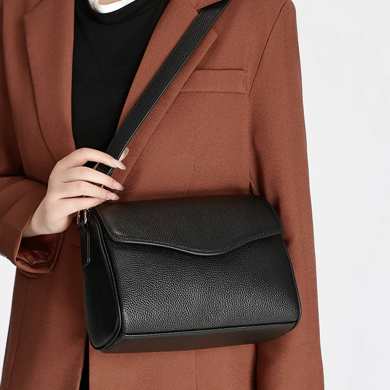 Women Genuine Leather Crossbody Bag High Quality Litchi Pattern Cowhide Bag Flap Shoulder Bag Wide Strap Capacity For Daily Work