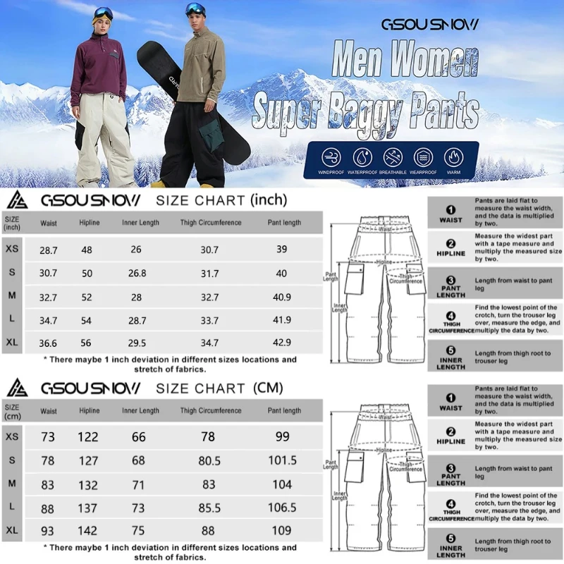 2025 Pantaloni da neve larghi invernali da uomo Pantaloni da snowboard taglie forti Pantaloni sportivi da sci all'aperto super larghi Isolamento impermeabile