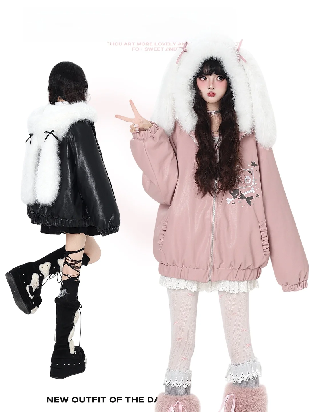 

Crazygirl Original Heavy Design Snow Girl Rabbit Ear Hooded Cotton Insert Jaet Versatile Outerwear Winter Thiened Synthet...