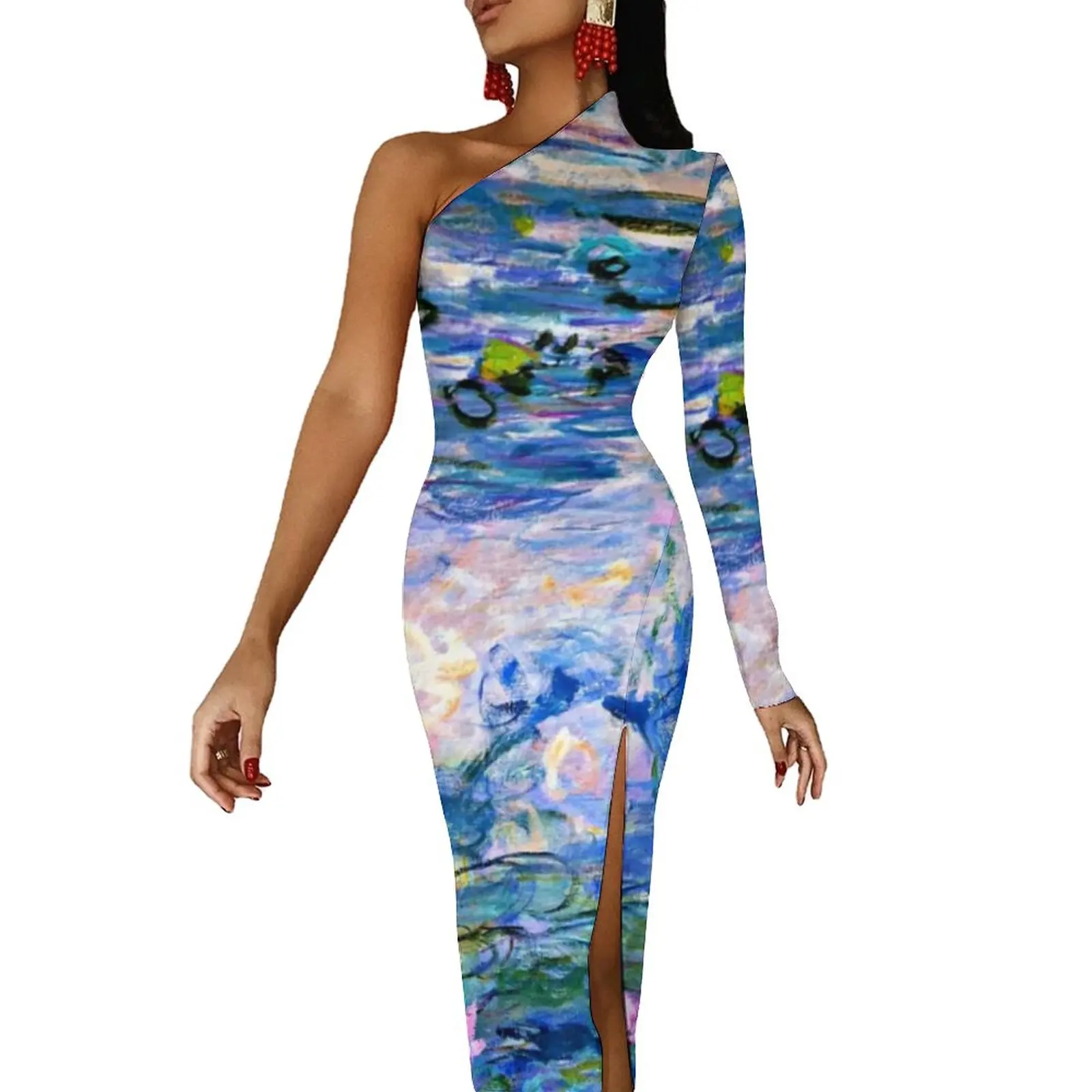 Purple Floral Design Maxi Dress Long Sleeve Monet Famous Painting Party Bodycon Dresses Side Split Retro Dress Graphic Vestido