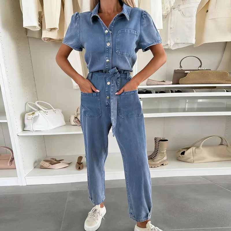 

Elegant Short Sleeve Rompers Vintage Flip Neck Single Breasted Denim Jumpsuits Casual Multi Pocket Pure Color Playsuits Overalls