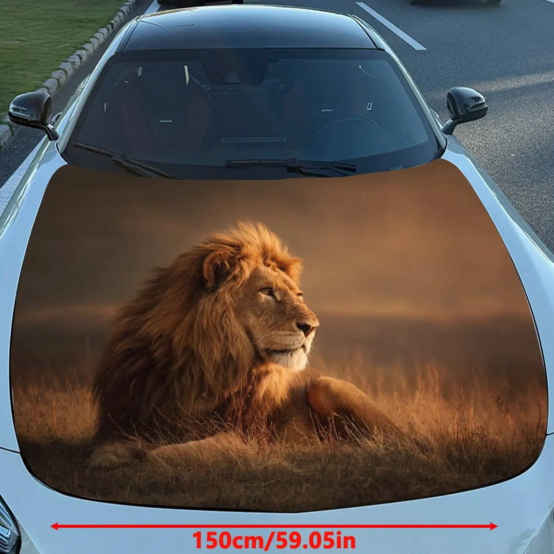 Car Decals Lion in Savanna Design, featuring a lion resting in a grassy field, exuding a majestic and serene aura Car Hood Stick