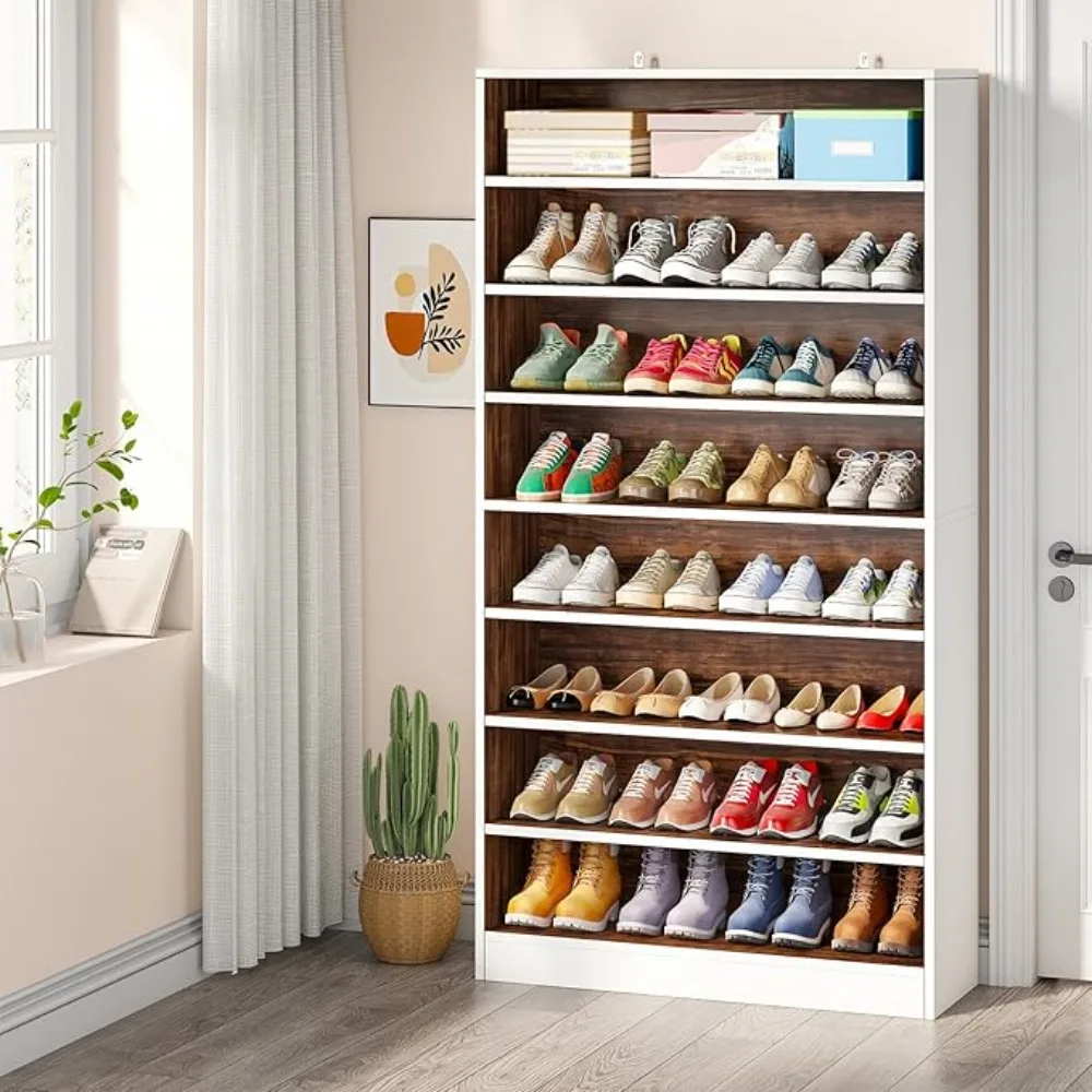 9 Tiers 40-45 Pairs Heavy Duty Wood Freestanding Shoe Storage Cabinet,  Tall Shoe Cabinet with Open Storage for Entryway