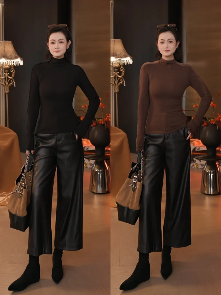 

Длинная бархатная хлопковая роскошная футболка Meng Long Sve, женская облегающая футболка с высоким воротником, повседневная одежда, базовый слой для девочек, топ