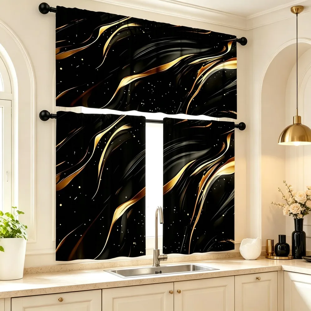 Luxury Kitchen Curtains, Black Gold Wave Marble Fluid, Digital Print, Kitchen Dining Room, Rod Pocket Polyester, Home Decor