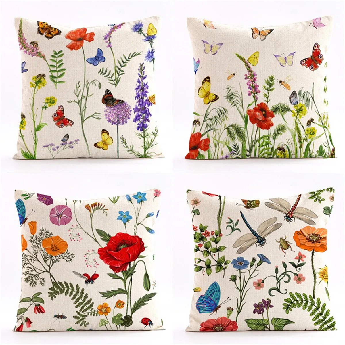 

1-4pcs 45x45cm Dragonfly Butterfly Insect Flower Plant Illustration Identification Chart Printed Throw Pillowcase Linen Cover