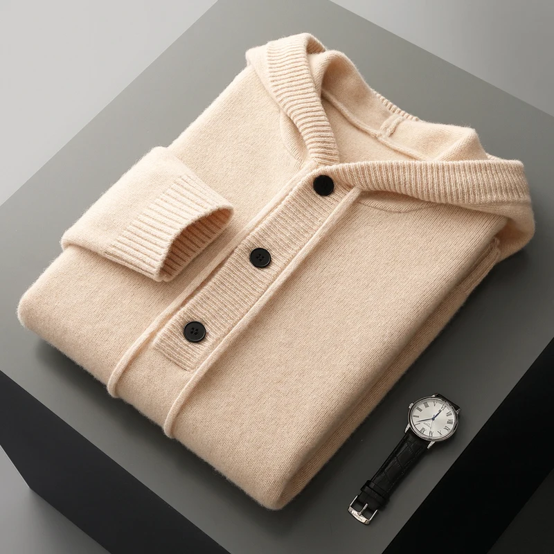 

ADDONEE осенне-зимний мужской толстый свитер из 100% шерсти, пуловер с капюшоном, джемпер с длинными рукавами и пуговицами, кашемировый трикотаж, повседневный стиль