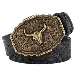 Cow Head Buckle Bronze Embossed Leather Belt