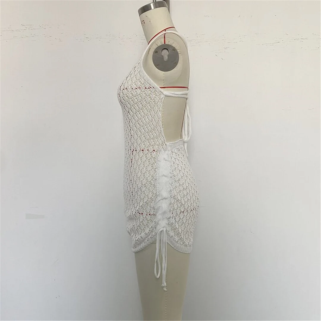 Ausgehöhltes, mit Häkelstrick verziertes Minikleid mit Kreuzrücken, Strandkleid, Strandmode, Strandbekleidung, Strandüberwurf, Damen V6470 – Detail 19