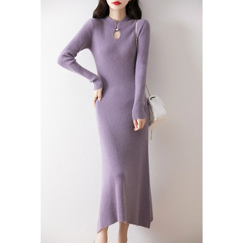 New Chinese Style Buckle 100% Wool Skirt Women\'s Autumn And Winter New Long-Sleeved Knit Dress Slim Long Slim Bottoming Dress