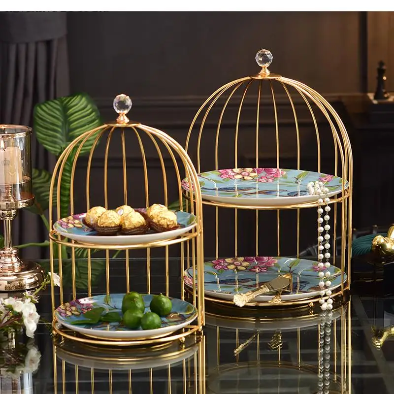 

Creative Double-layer Fruit Plate Nordic Exquisite Bird Cage Cake Stand Household Tableware Dessert Snack Dish Ceramic Tray