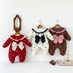 Korean Winter Baby Girls Bodysuit Knotbow Full Printed Plus Velvet Thickened Infant Girls Rompers Newborn Girls Jumpsuit