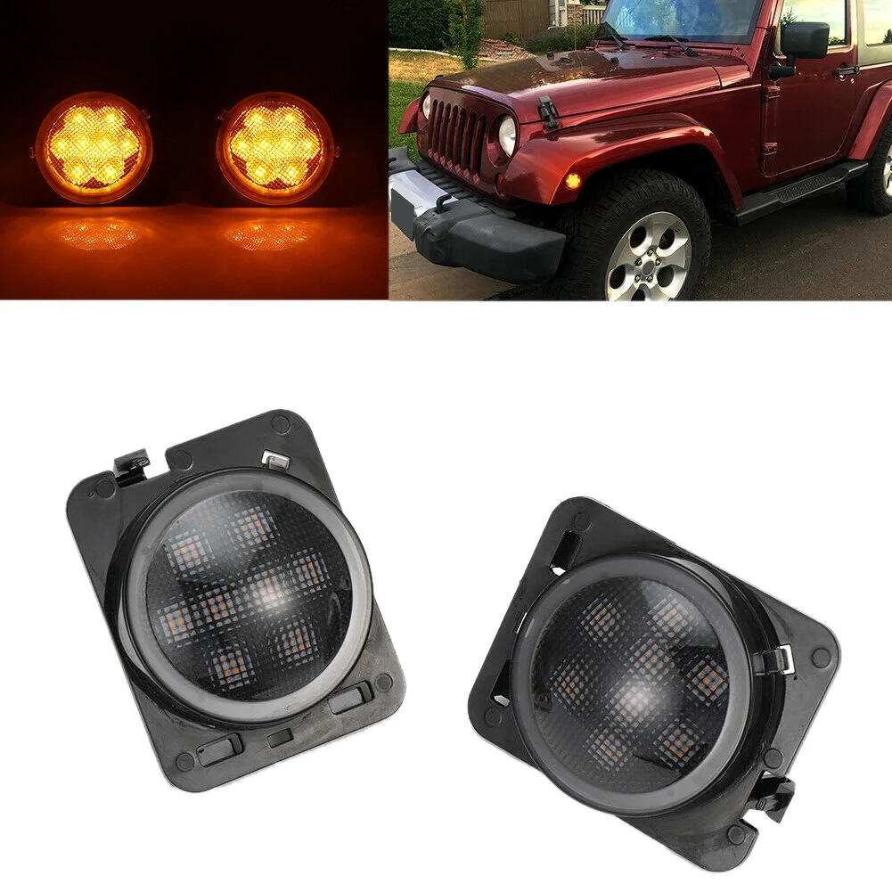 1Pair Car Front Fender LED Side Marker Turn Signal Light Smoke Lens for Jeep Wrangler JK 2007-2018