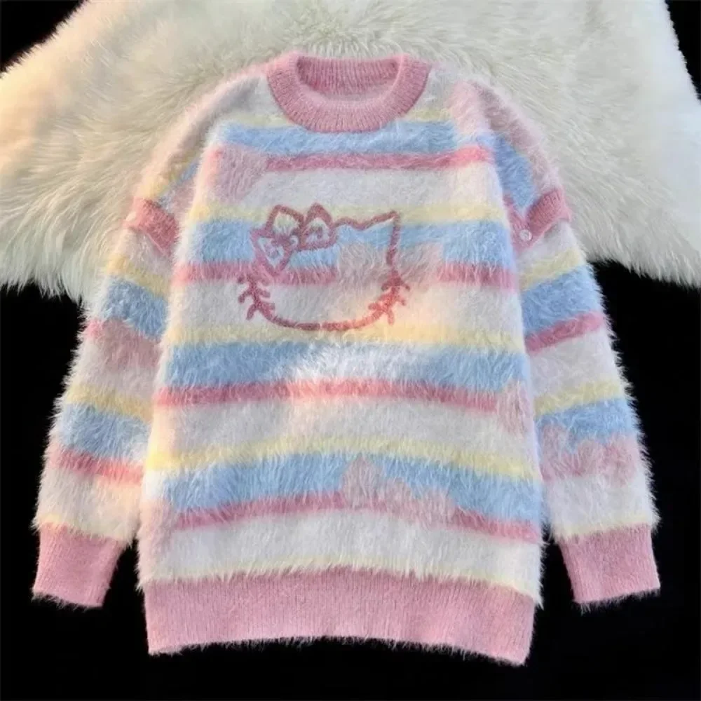 Miniso Hello Kitty Sweater Women's Autumn Winter Round Neck Dopamine Knitted Top New Loose Casual Soft Warm Sweet Pullover