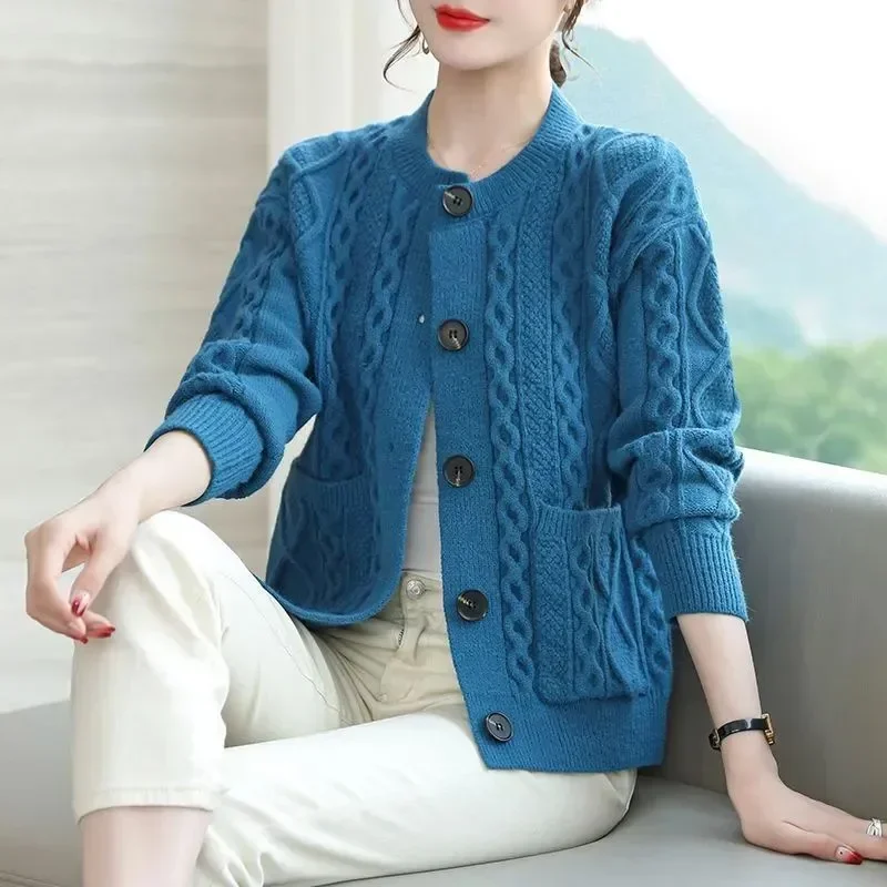 

Pop Pop Pop Spring Autumn New O-neck Cardigan Women's Thicken Loose Coat XXXL Mom Coat Knitted Shirt Lazy Style Woolen Sweater T