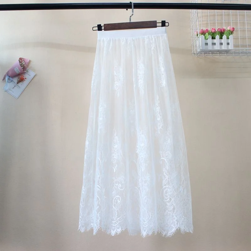 

Women's Mid-Length Lace Me Skirt Transparent Overlap Design High Waist A-Line Silhouette Polyester Fabric Versatile Sle