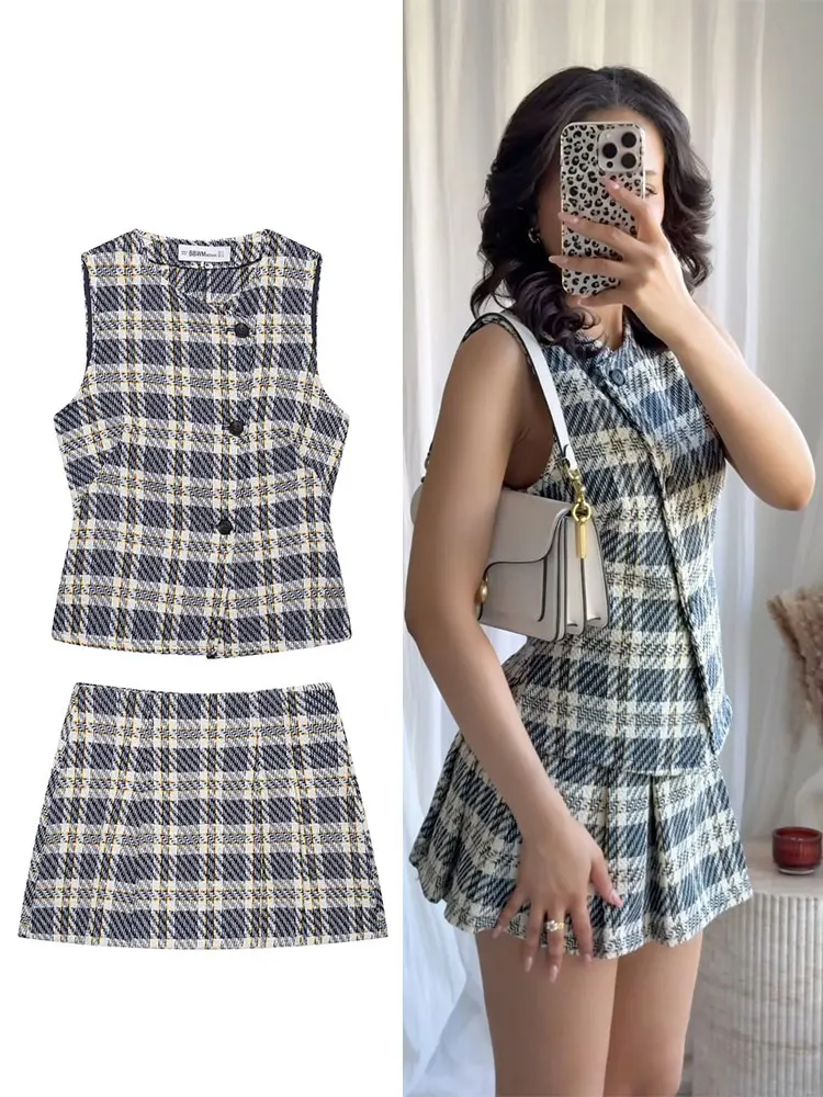 

TRAFZA Women Fashion Plaid Vests Skirts Sets Sleeveless Single Breasted O Neck Vest Tops High Waist Slim Mini Skirt Streetwear