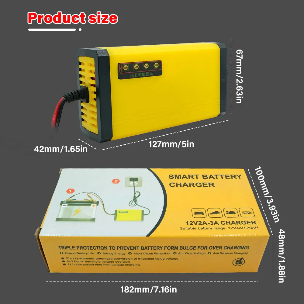 

Зарядное устройство для автомобильных аккумуляторов 12В 2А 220В, импульсное восстанавливающее зарядное устройство для влажных и сухих свинцово-кислотных аккумуляторов, с LED-дисплеем, для мотоциклов и грузовиков