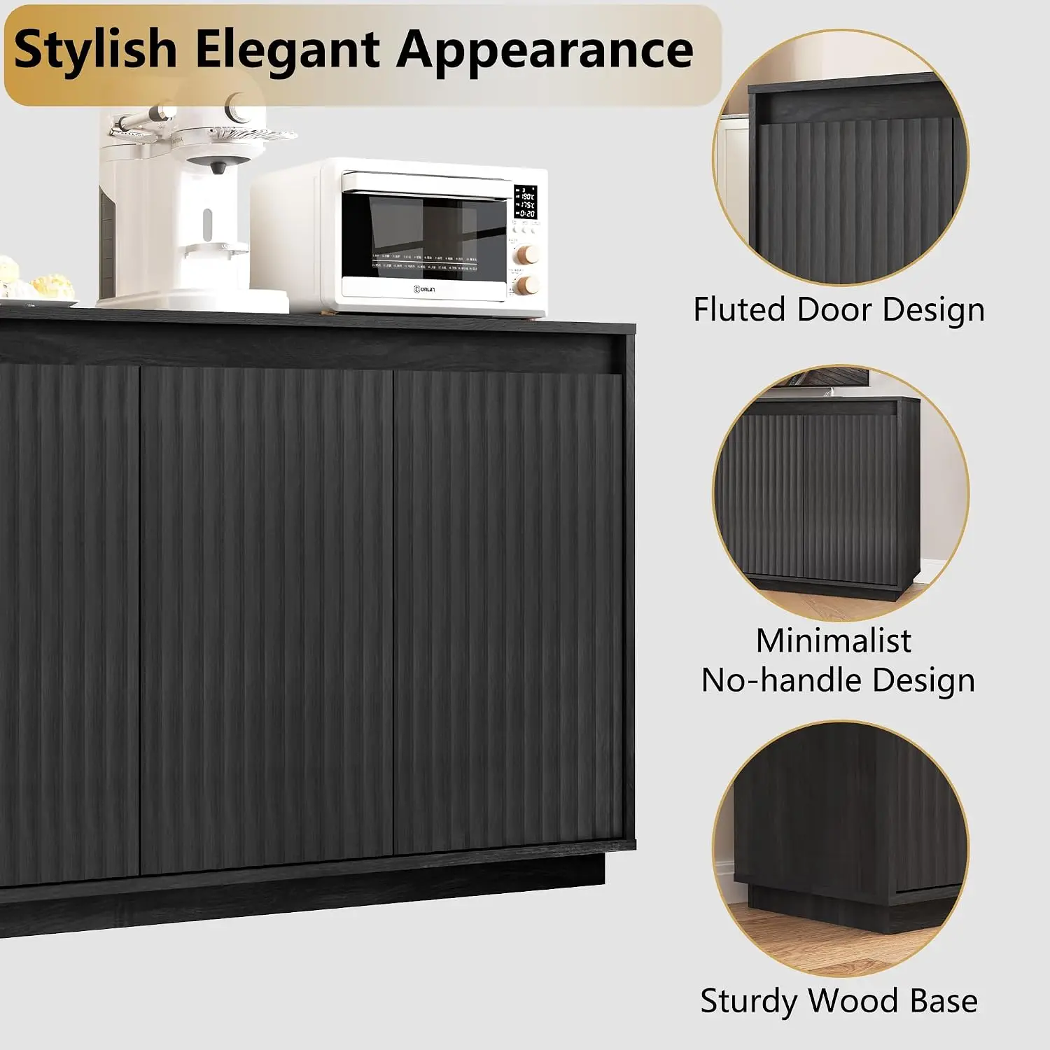 Fluted Black Sideboard Cabinet with Storage & Charging Station, Kitchen Dining Entryway Coffee Bar, Buffet Credenza, Customized image 3