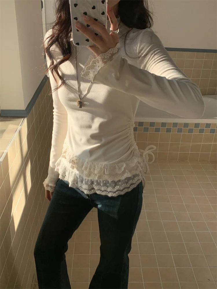 Chic Lace Patchwork Long Sleeved T-shirt Base Shirt for Women Winter Slim Half High Neck Top Pullover