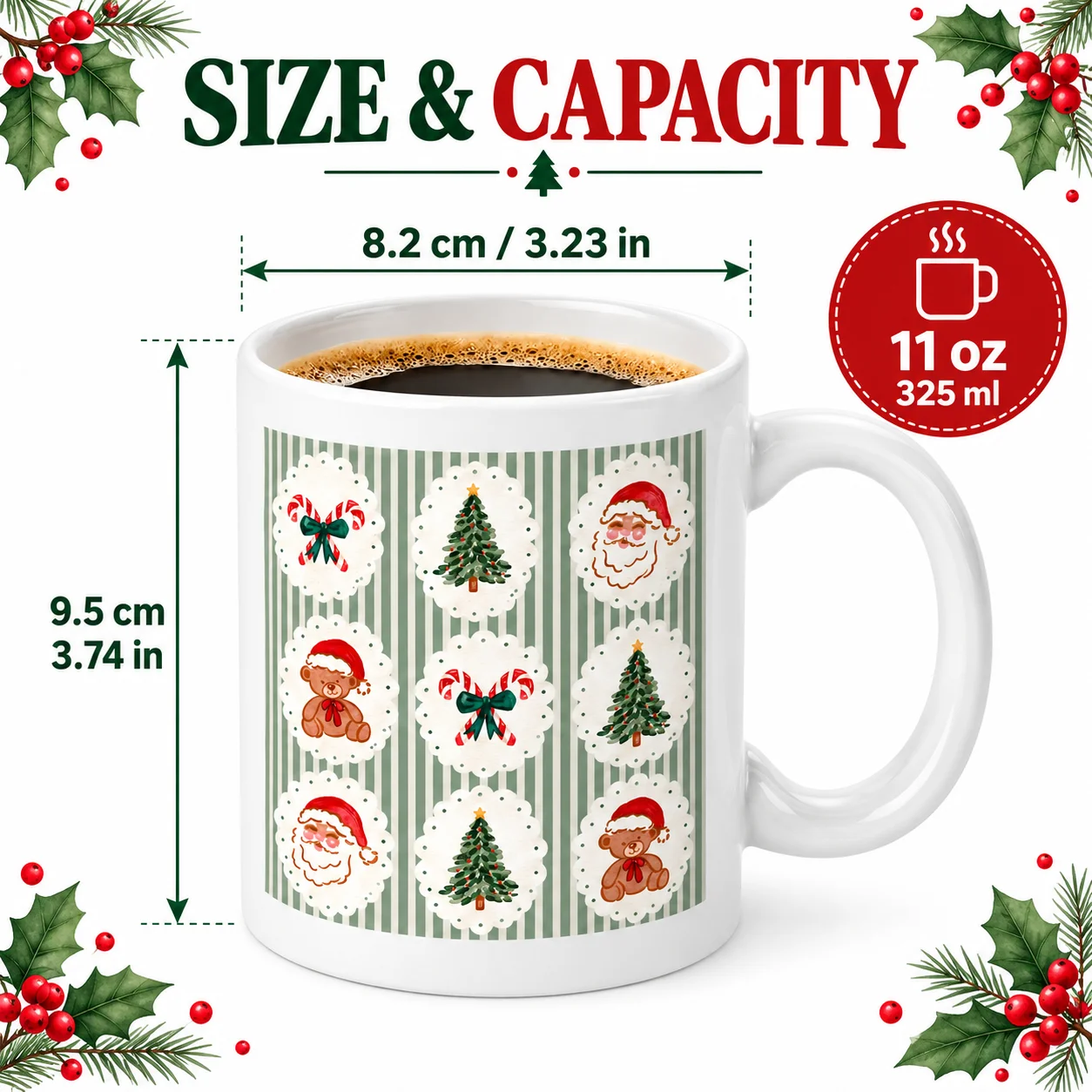 1pc Christmas Themed Sublimation Ceramic Coffee Mug, Green Striped Xmas Element Pattern Cup, Unique Holiday Gift, For Hot Tea