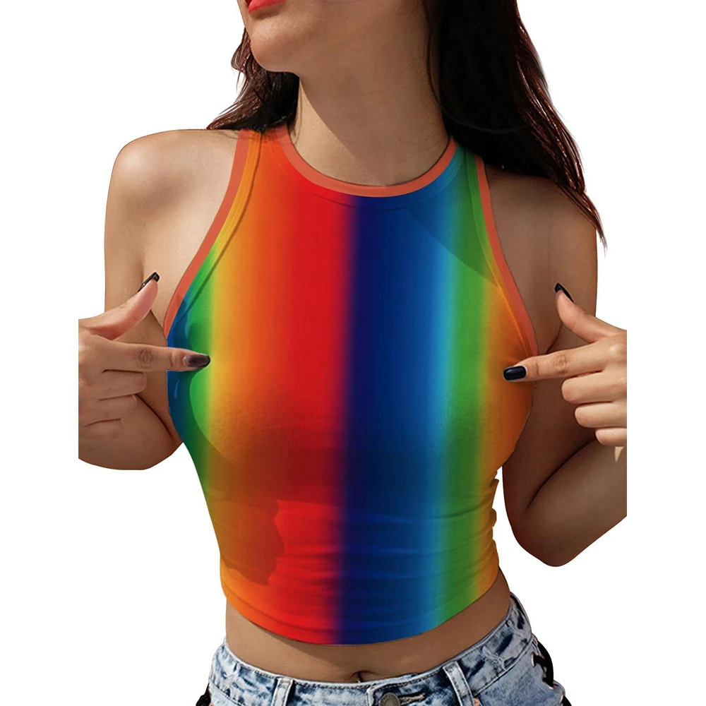 

Womens Pride Crop Tops for Women Striped Print Rainbow Mardi Gras Usa 1776 Flag Shamrock Y2K T Shirt Vest Summer Cami Top