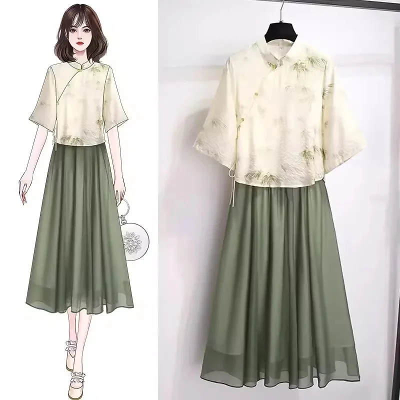 

Spring Summer Female Suspensa 2 Piece Set Korean Women Fashion Two-piece Set Antiquities Ladies Seven Divide Sleeves Skirt 2PCS