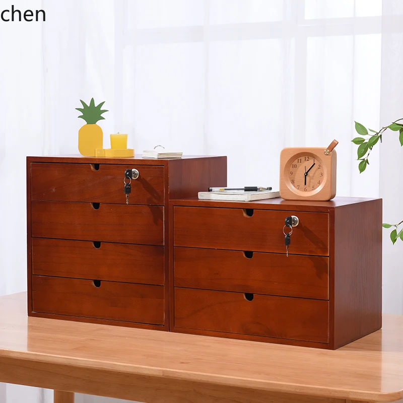 PYH Desktop Storage Box Drawer-Type Wooden Organizer Multi-Layer Document Home Use Lockable Storage Box