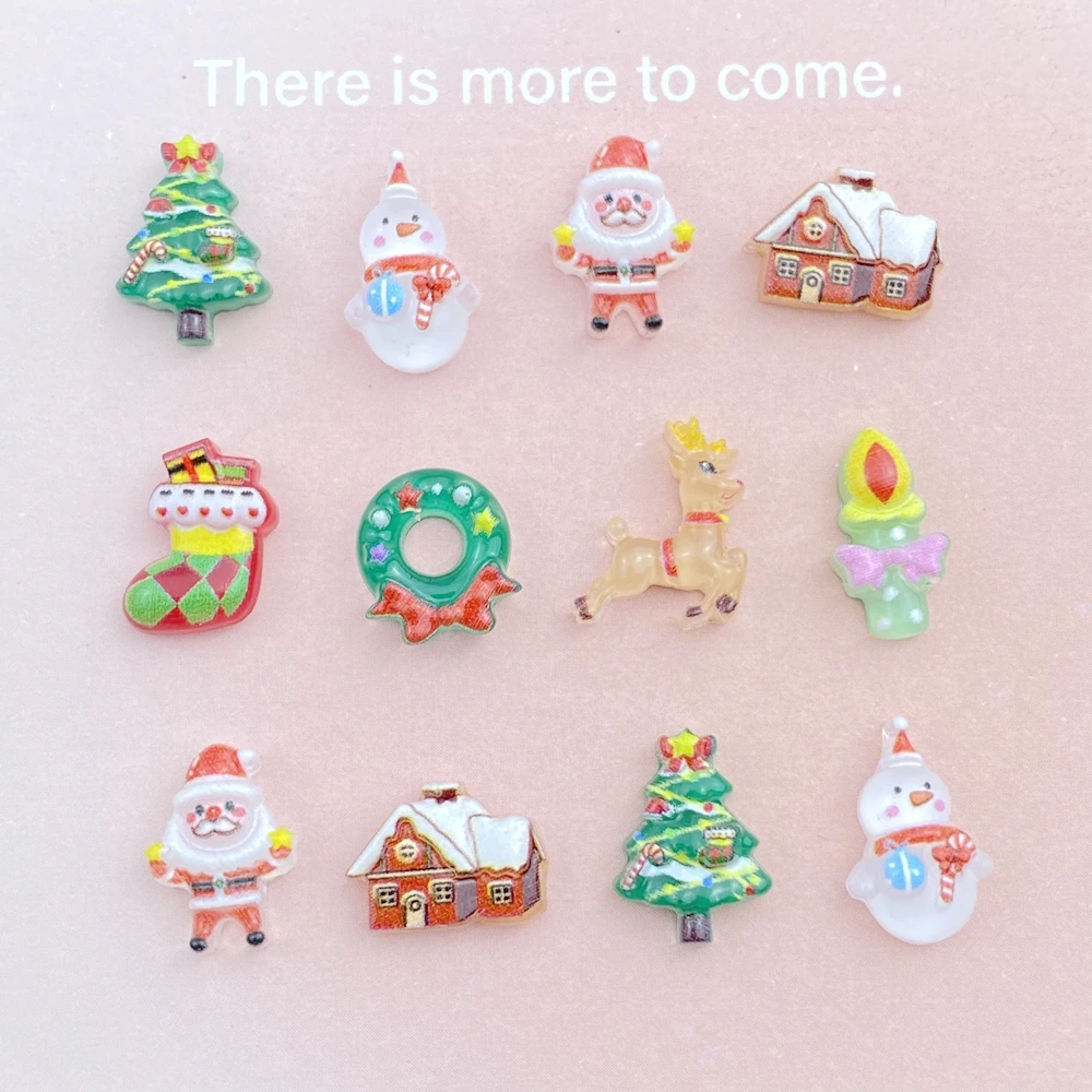 50Pcs New Cute Resin Small Santa Claus, Snowman, Tree Series Flat Back Ornament Jewelry Making Manicure Hairwear Accessories