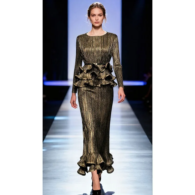 Set gonna a pieghe Miyake girocollo 2025 Nuovi pieghe Top e gonna alla moda Set da 2 pezzi Set premium dimagrante in vita definito da donna