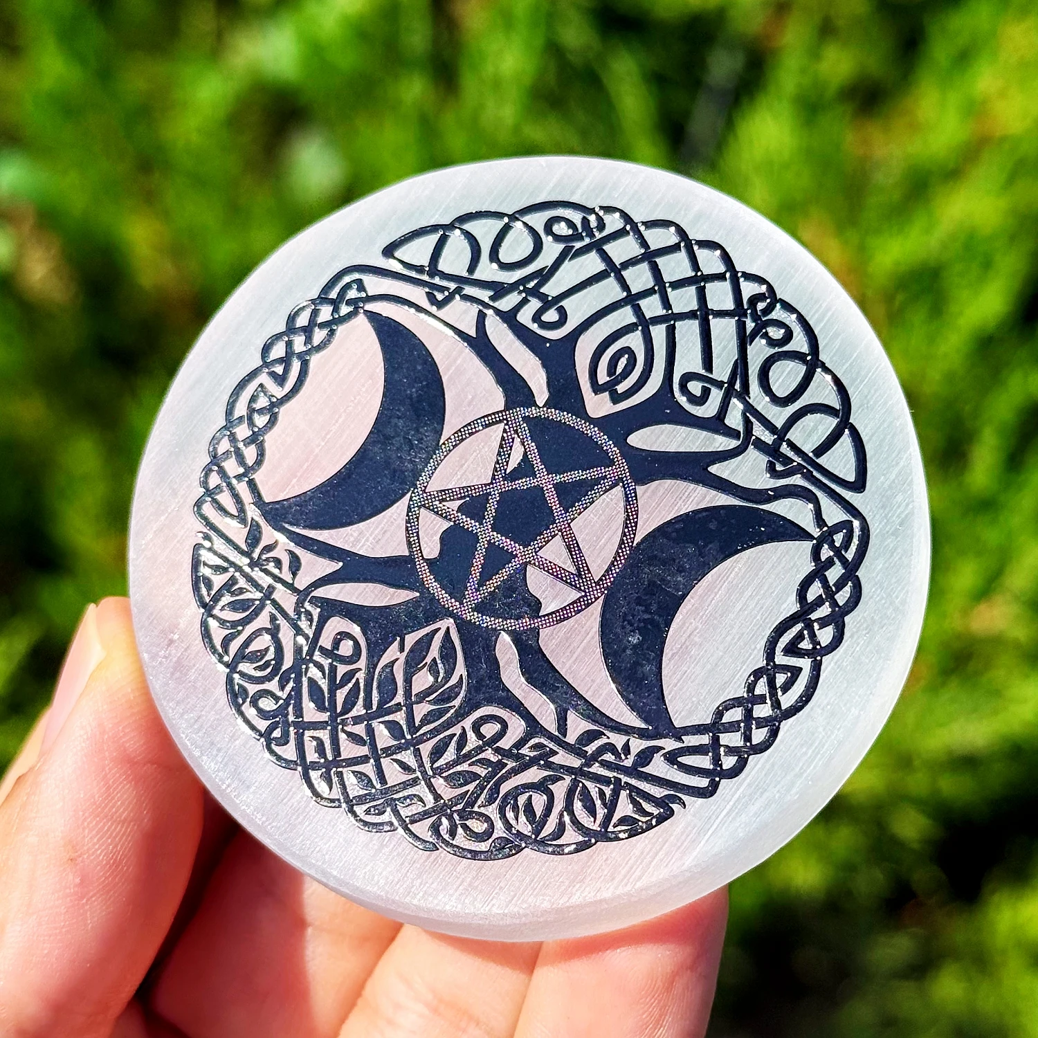 Natural Tree of Life Triple Moon Pentagram Engraved Round Selenite Charging Plate Satin Spar Crystal Disc Home Decor